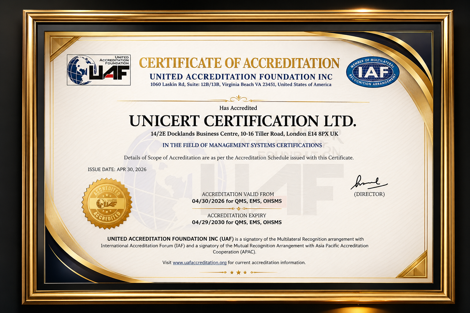 UniCert Certification Ltd. Receives UAF Accreditation for QMS, EMS and OHSMS — UniCert UK accreditation & recognition insight
