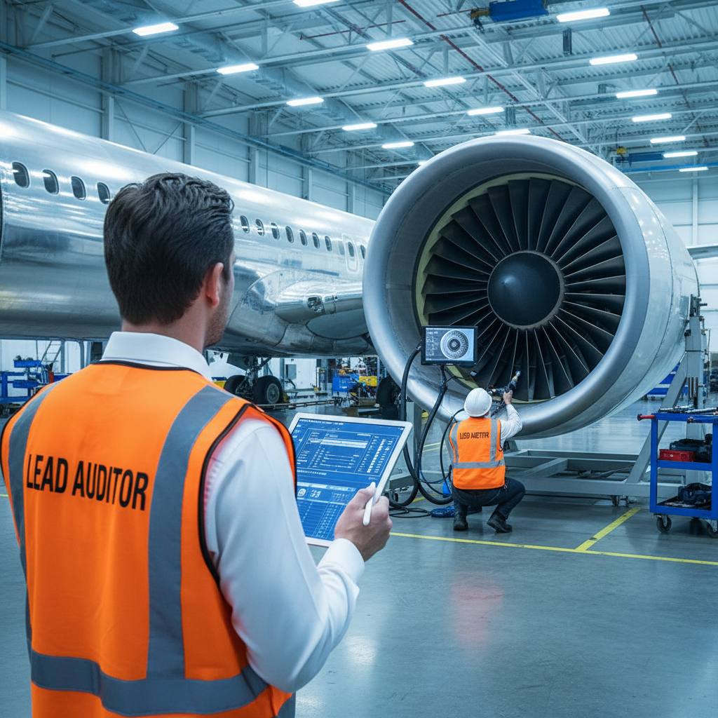 AS/EN 9100 certification process audit — An over-the-shoulder wide shot follows a lead auditor in a crisp white shirt and high-visibility vest as they observe a