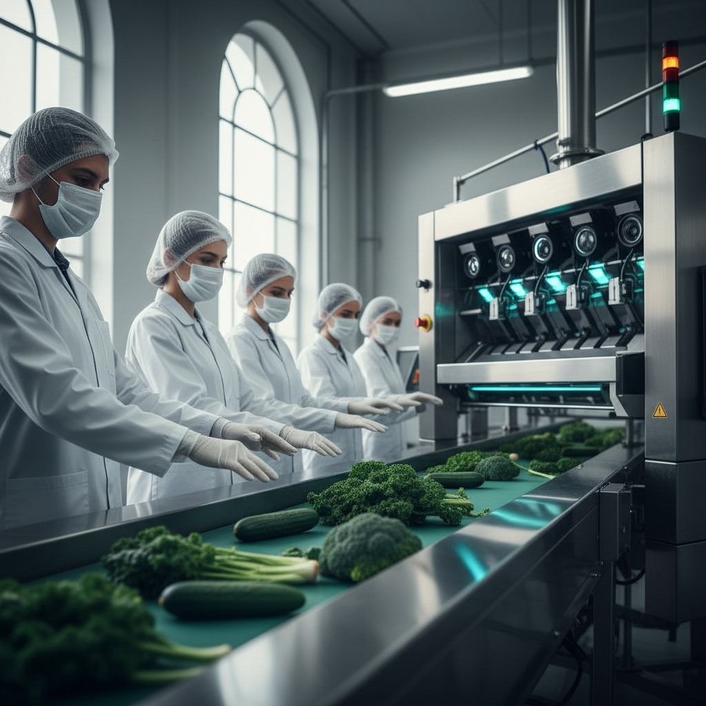 BRCGS certification — A wide-angle, cinematic shot of a high-tech stainless steel food processing line where gloved technicians in pristine wh