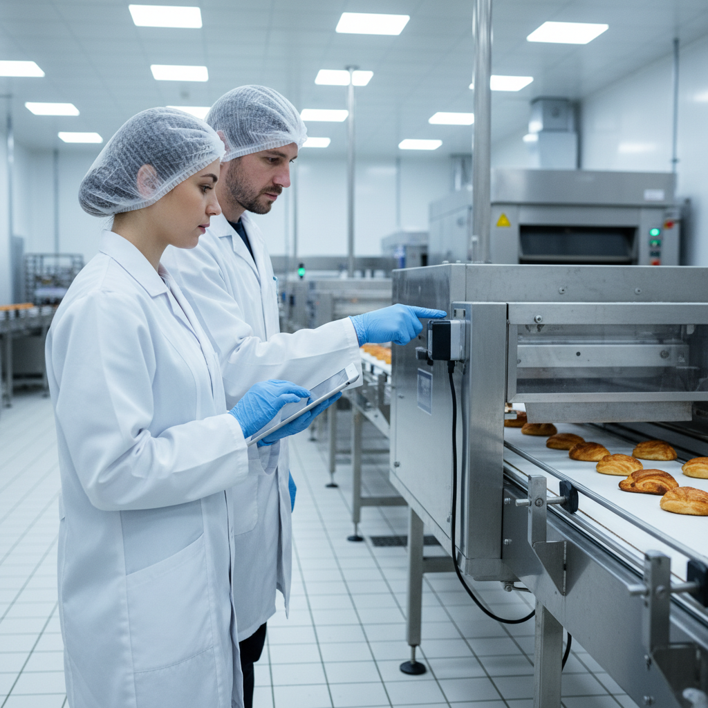 BRCGS certification process audit — A medium-shot, side-angle view captures a female auditor in a crisp white lab coat, hairnet, and sanitized blue nitrile