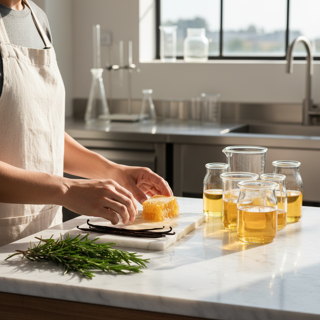 Clean Label certification — A medium-wide, editorial shot of a sun-drenched, professional test kitchen where a food scientist in a white linen apron