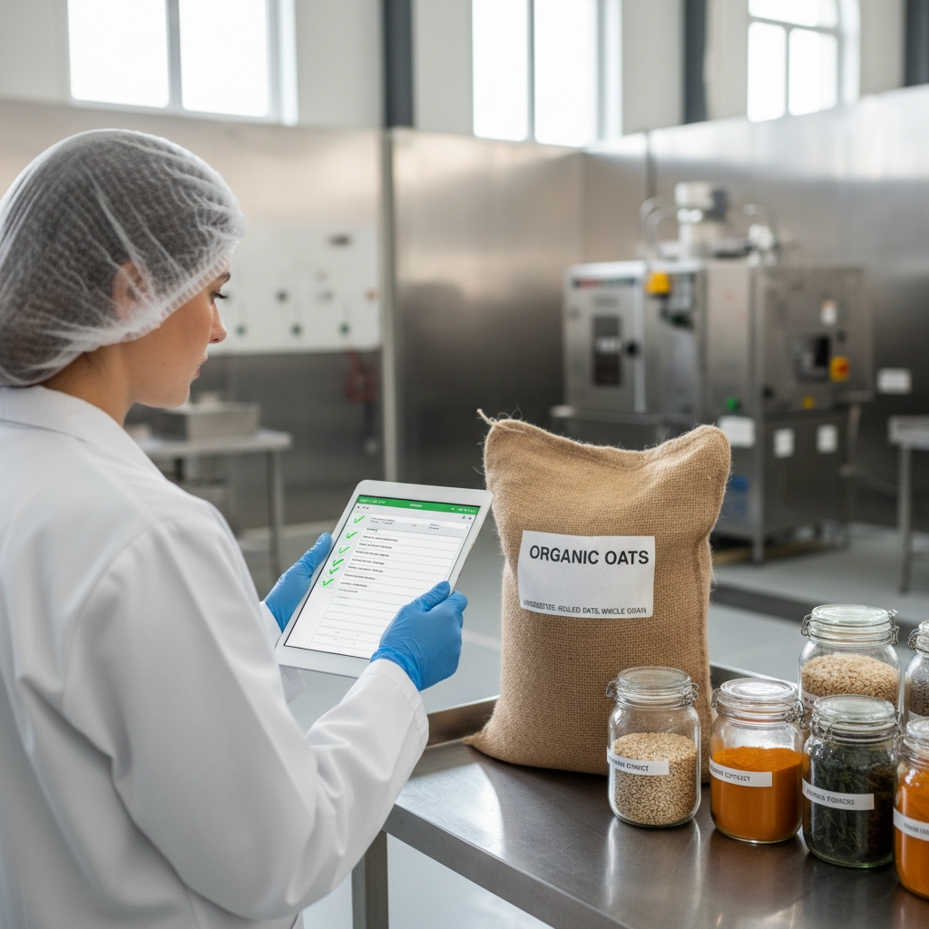 Clean Label certification process audit — A meticulous female auditor in a white lab coat and hairnet stands in a modern food processing facility, using a high-re