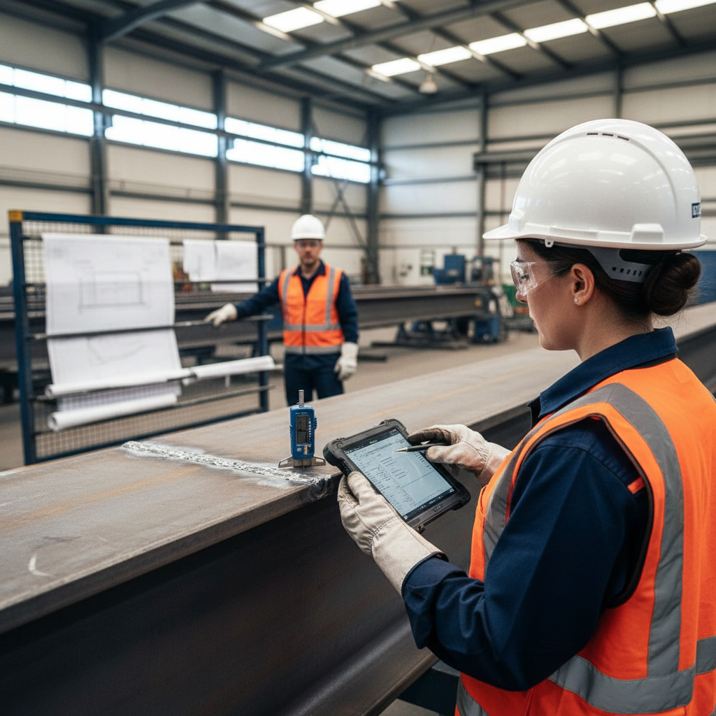 EN 1090 certification process audit — An over-the-shoulder perspective of a female certification auditor in a high-visibility vest and hard hat, holding a dig
