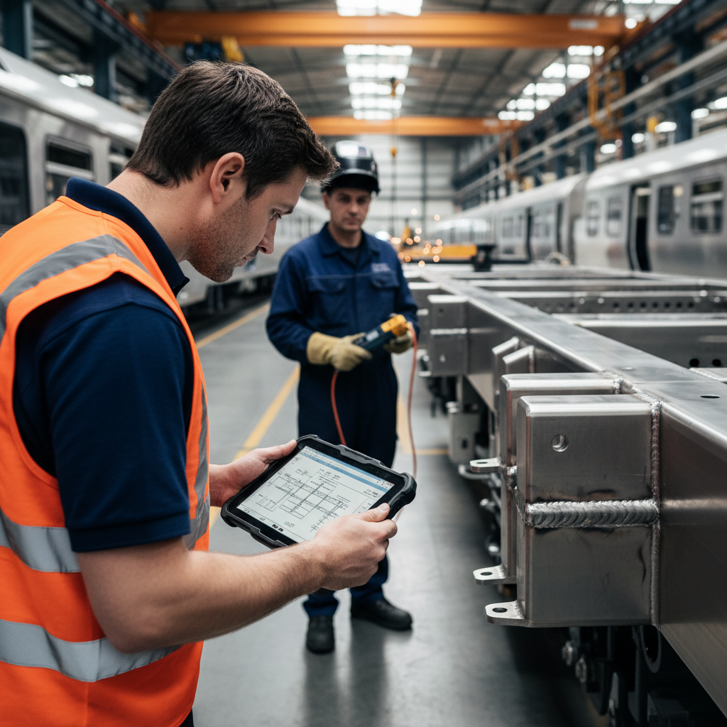 EN 15085-2 certification process audit — An over-the-shoulder perspective of a lead auditor wearing a crisp navy polo and a high-visibility vest, meticulously ex