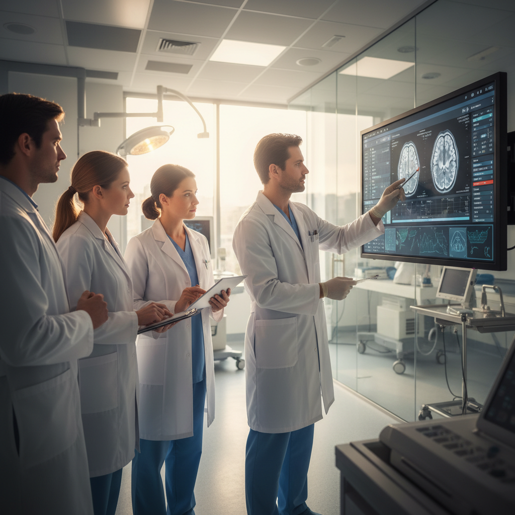 EN 15224 certification — In a sterile, sun-drenched modern clinical suite, a multidisciplinary medical team in crisp white coats and soft-blue sc