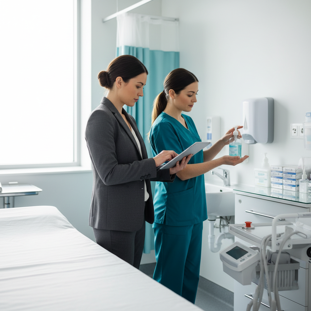 EN 15224 certification process audit — In a sterile, sun-drenched clinical consultation room, a professional female lead auditor in a modern charcoal blazer me