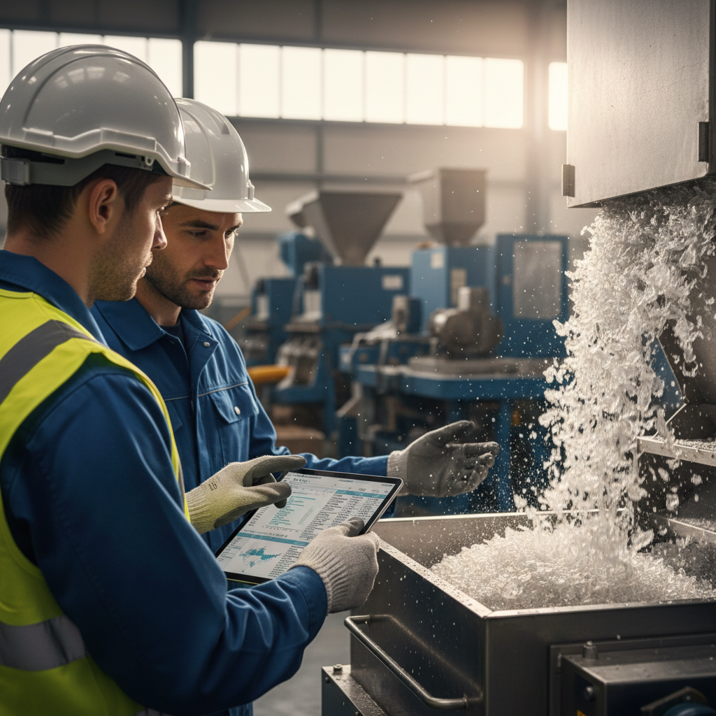 EN 15343 certification process audit — A professional environmental auditor wearing a high-visibility vest and industrial gloves stands alongside a production