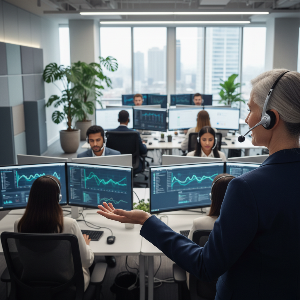 EN ISO 18295-1 certification — An over-the-shoulder wide shot of a modern, brightly lit customer service engagement center where diverse professionals 