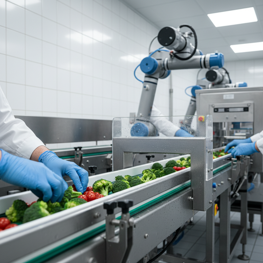 FSSC 22000 certification — A medium-wide, cinematic shot of a pristine, stainless-steel food processing line where gloved hands in blue nitrile pre