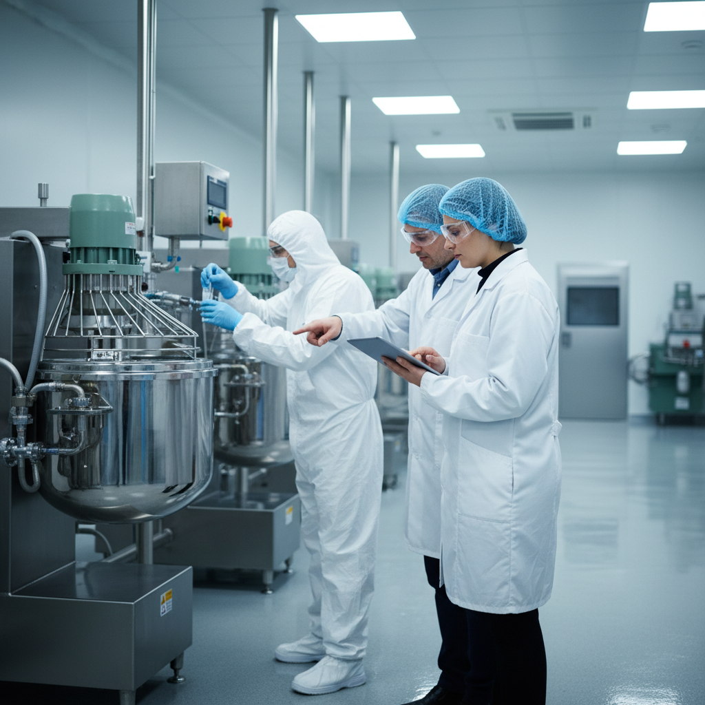 FSSC 22000 certification process audit — In a sterile, high-tech food manufacturing facility, a female auditor wearing a white lab coat, hairnet, and safety glas
