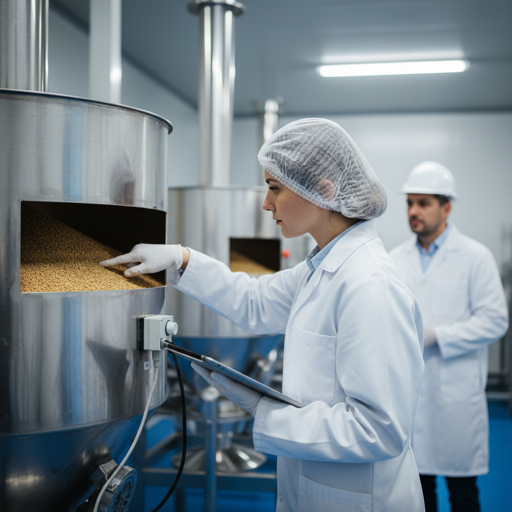 GMP+ FSA certification process audit — An over-the-shoulder shot of a rigorous safety audit inside a modern, high-tech animal feed production facility, where a