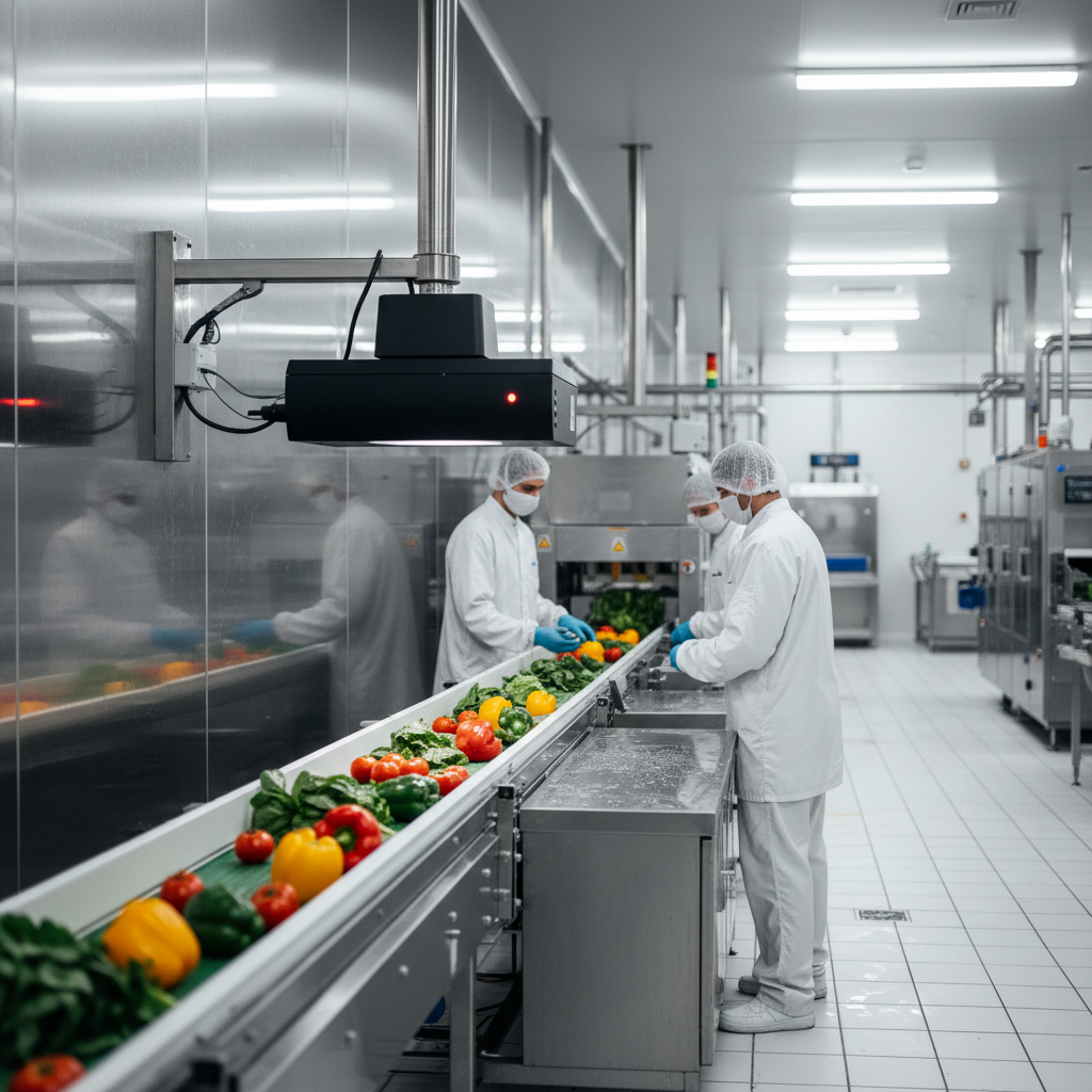 HACCP certification — A wide-angle, cinematic shot of a pristine, stainless-steel industrial food processing facility where specialized techni