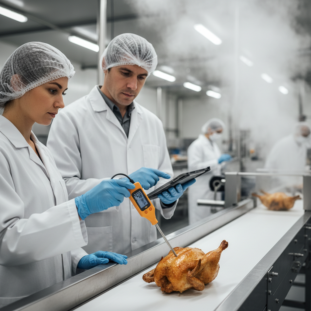 HACCP certification process audit — In a sterile, brightly lit food manufacturing facility, a female auditor wearing a white lab coat, hairnet, and blue nit