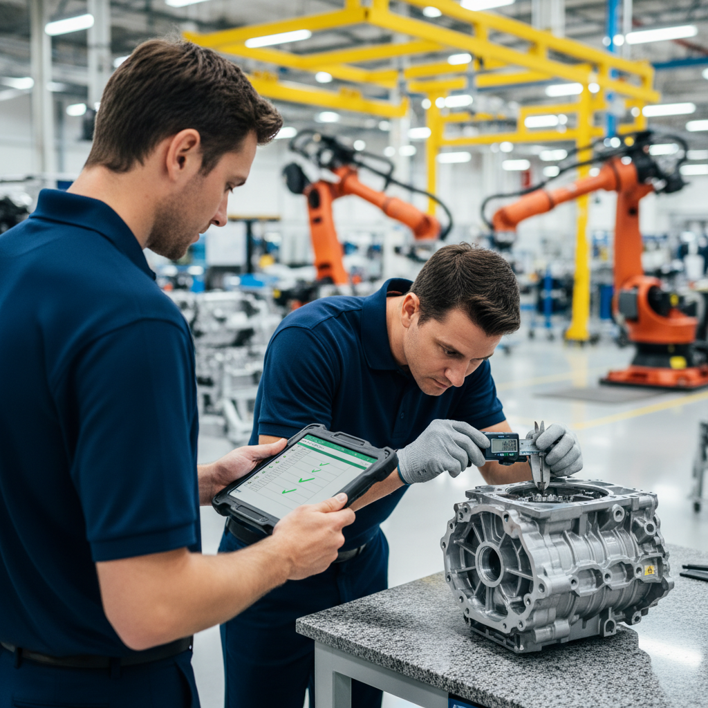 IATF 16949 certification process audit — An over-the-shoulder perspective of a lead auditor in a crisp navy polo shirt holding a rugged industrial tablet, review