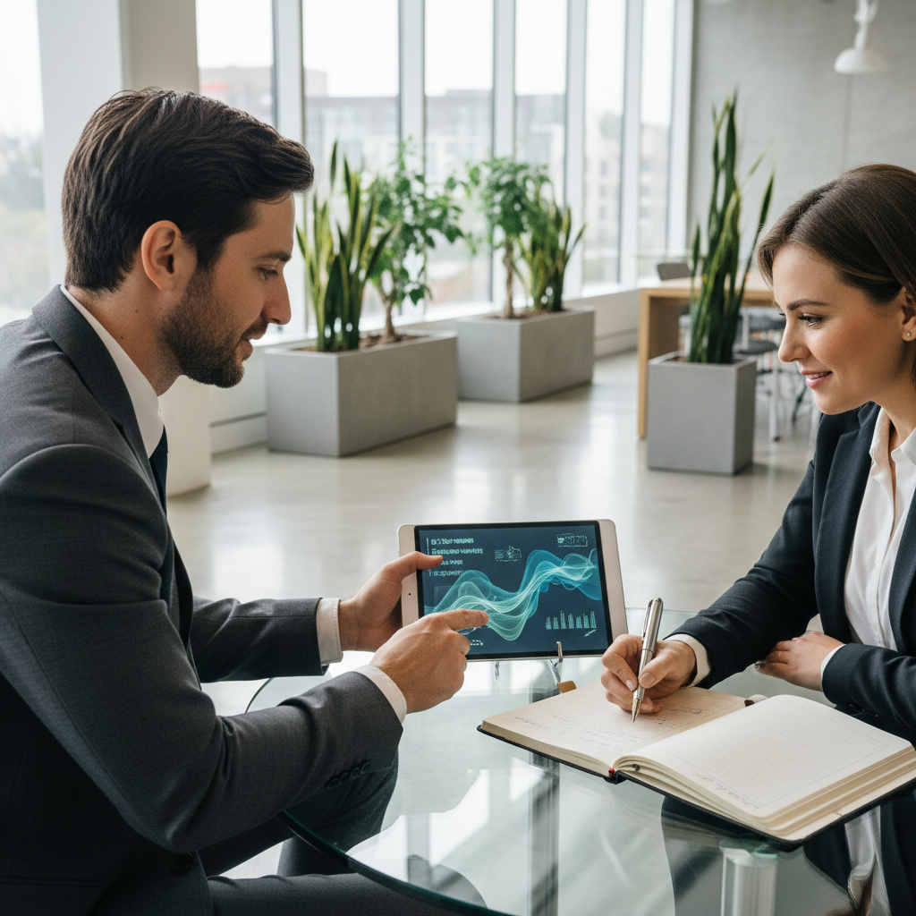 ISO 10002 certification process audit — In a bright, contemporary corporate lounge, an expert auditor and a customer service manager sit across from a sleek gla