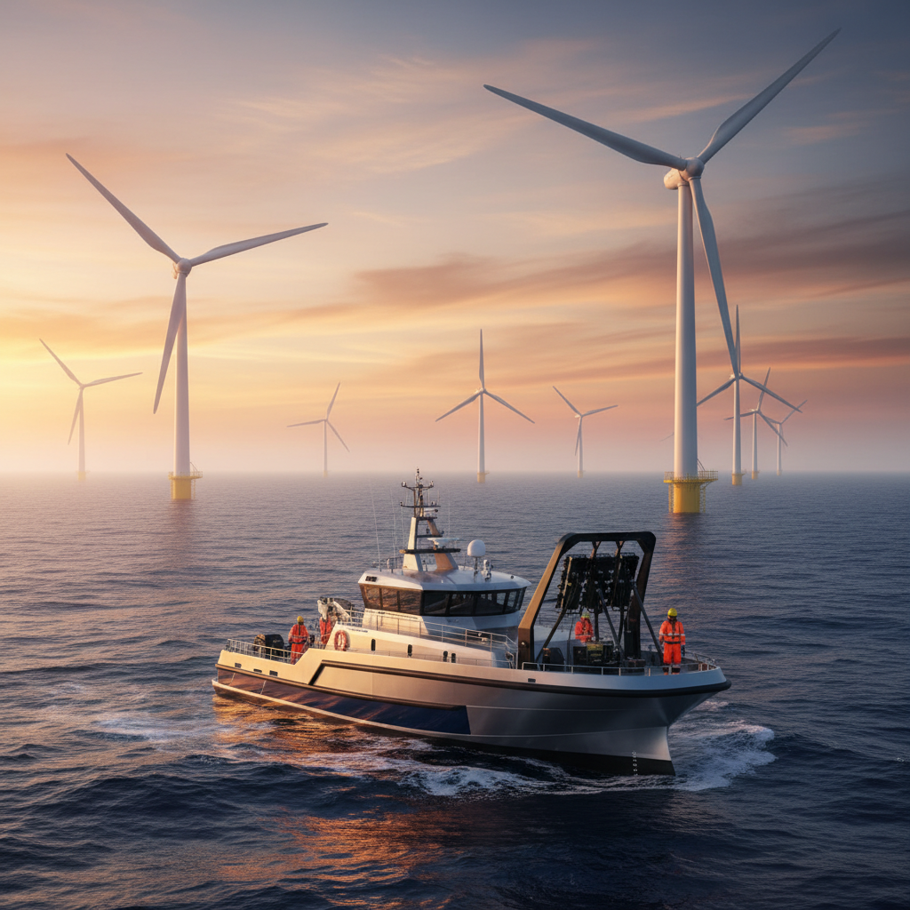 ISO 14067 certification — A wide-angle, cinematic shot of a massive offshore wind farm at dusk, where the towering white turbines rise from a deep