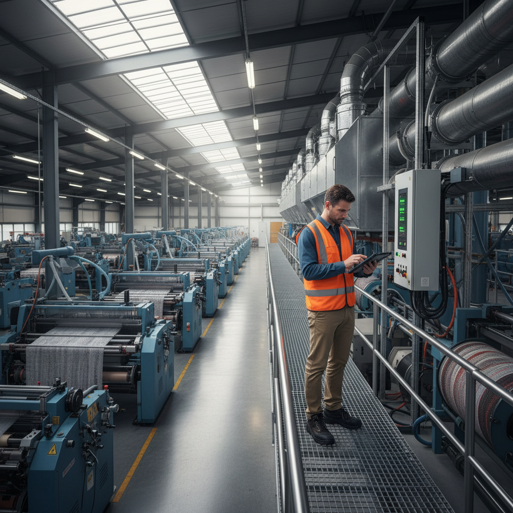 ISO 14067 certification process audit — A professional environmental auditor in a high-visibility vest stands on a mezzanine overlooking a modern, sustainable t