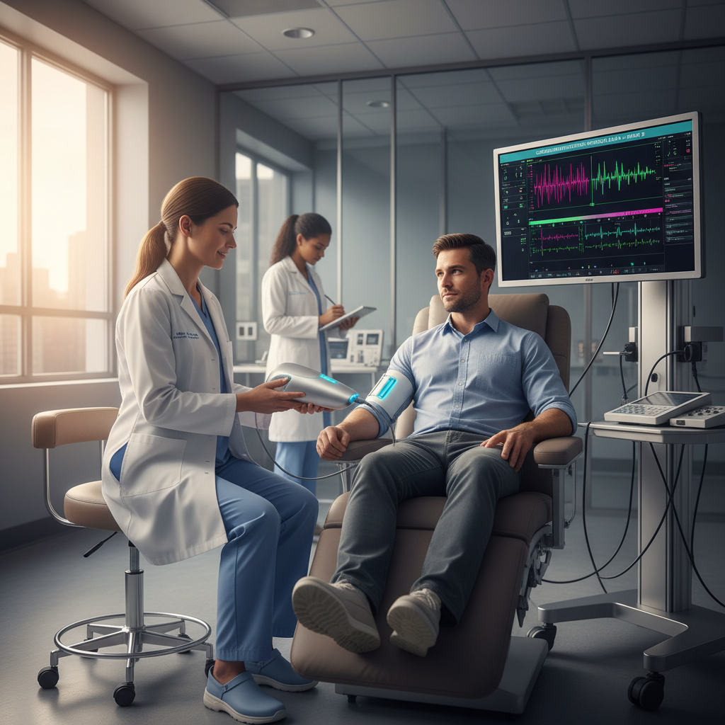 ISO 14155 certification — A sterile, high-tech clinical research suite where a female physician in a crisp white lab coat sits beside a patient, h