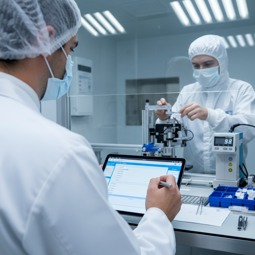 ISO 14155 certification process audit — An over-the-shoulder perspective follows a clinical auditor in a crisp white lab coat as they inspect a sterile medical