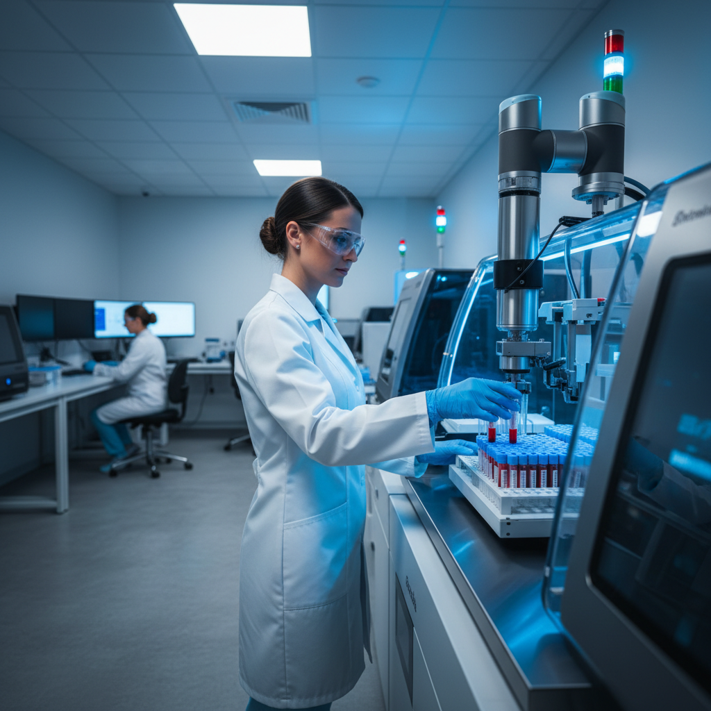 Profissional de laboratório operando equipamento moderno de análises clínicas