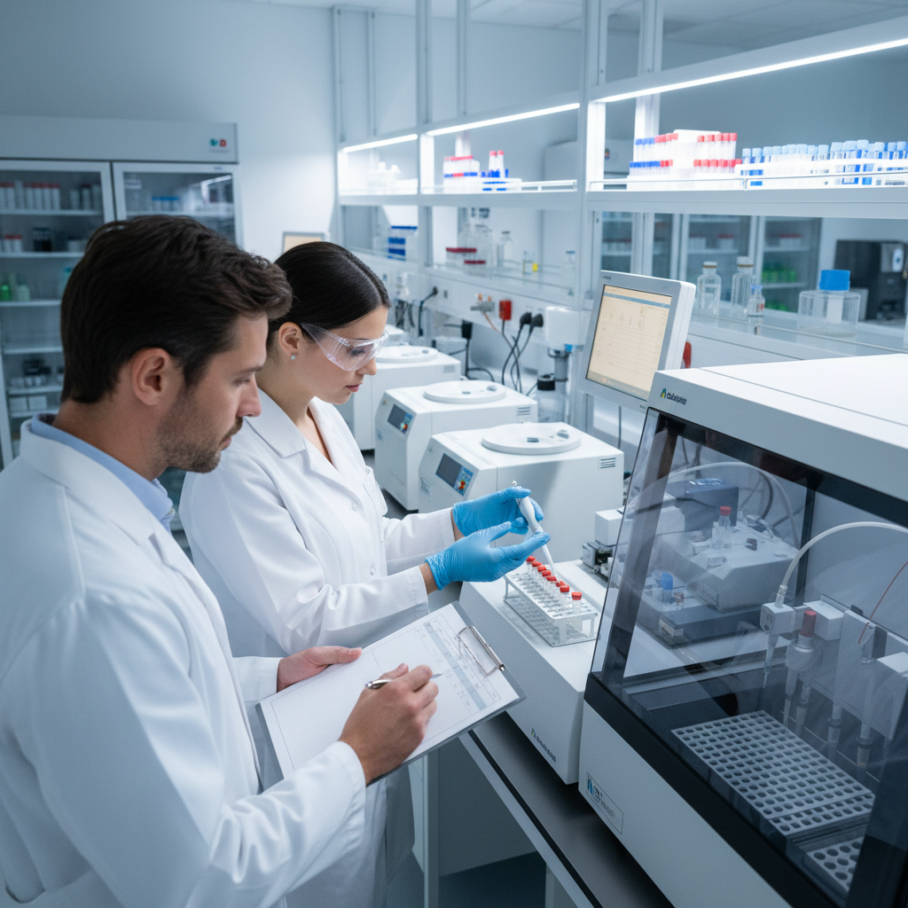 ISO 15189 certification process audit — An over-the-shoulder perspective of a meticulous auditor in a crisp white lab coat reviewing a digital calibration log o