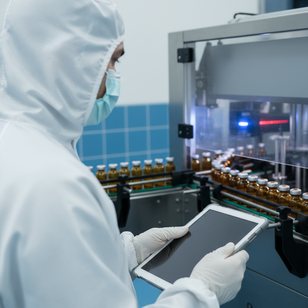 ISO 15378 certification process audit — An over-the-shoulder perspective of a meticulous auditor wearing a full white cleanroom suit, nitrile gloves, and a face