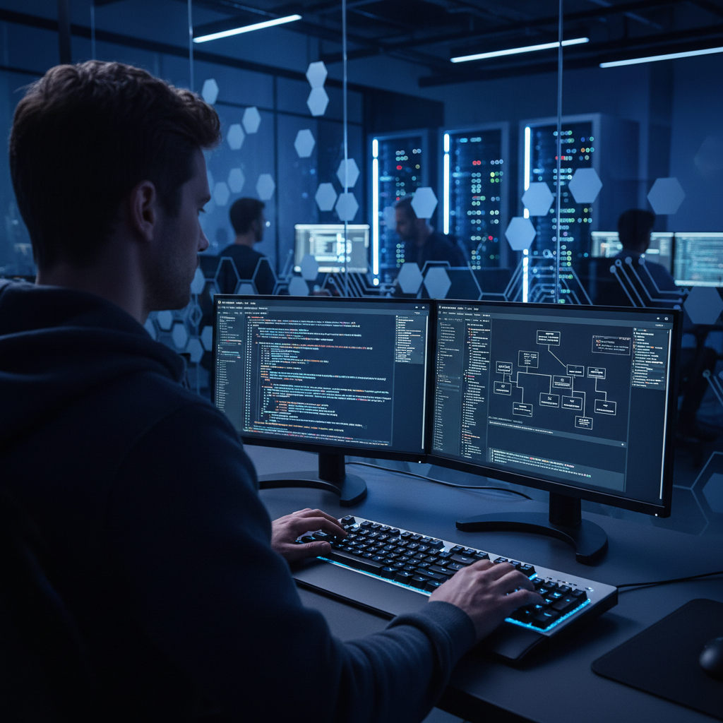 ISO/IEC 15504 certification — A sleek, high-tech software development hub where a diverse team of engineers works in a dimly lit, blue-hued environmen
