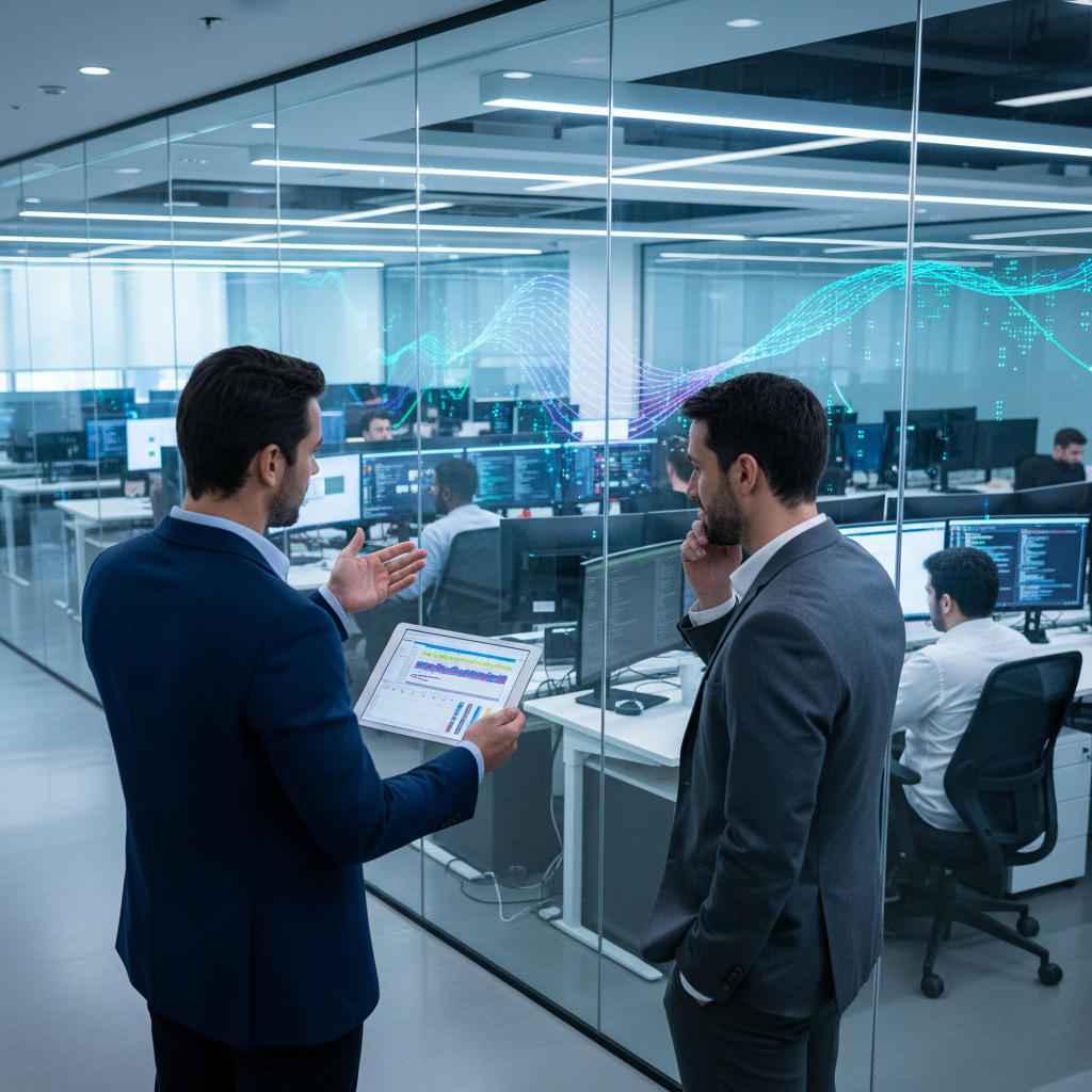 ISO/IEC 15504 certification process audit — An over-the-shoulder wide shot shows a lead auditor in a modern, glass-walled software development hub, reviewing a comp