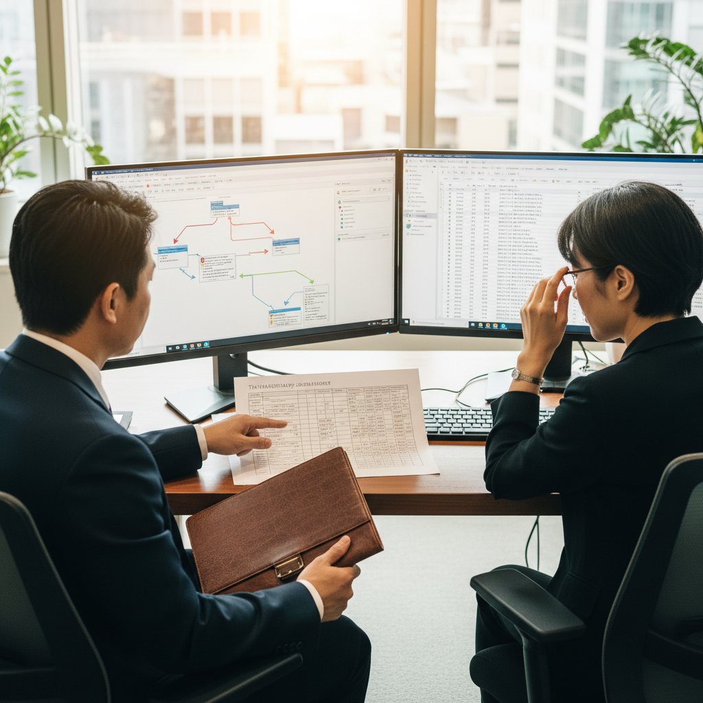 ISO 17100 certification process audit — An over-the-shoulder wide shot captures a lead auditor and a senior linguist sitting in a contemporary, sun-drenched tra