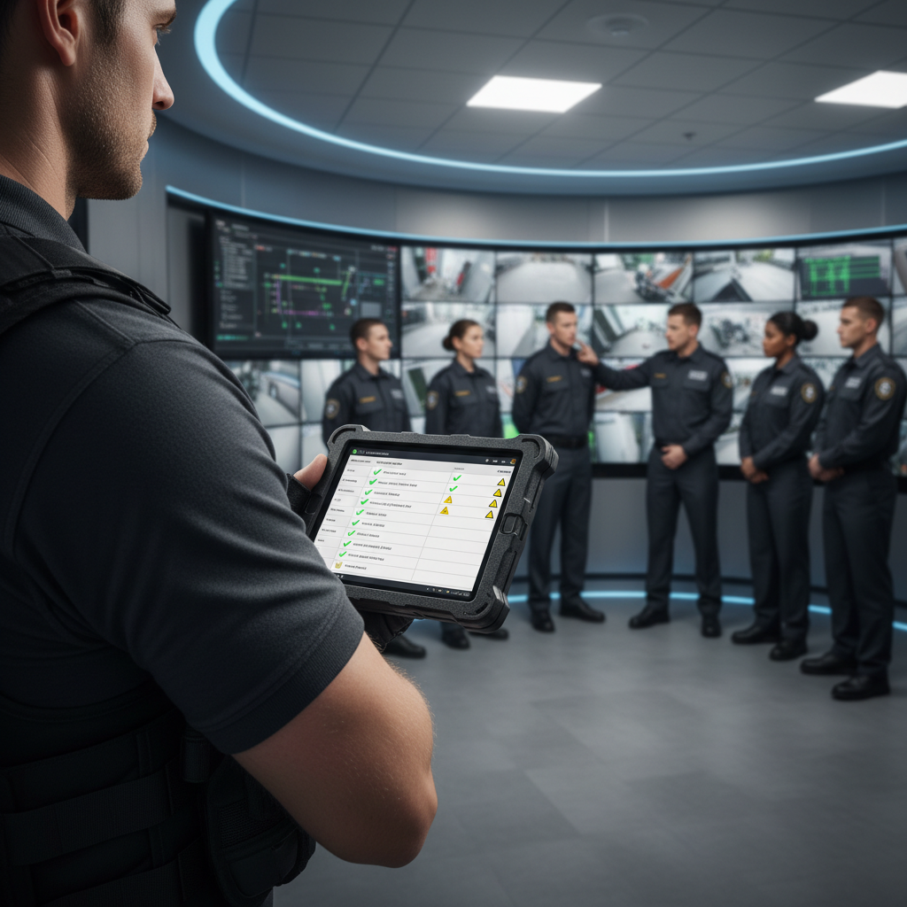 ISO 18788 certification process audit — An over-the-shoulder perspective of a lead auditor in a crisp, dark tactical polo, reviewing a digital compliance checkl
