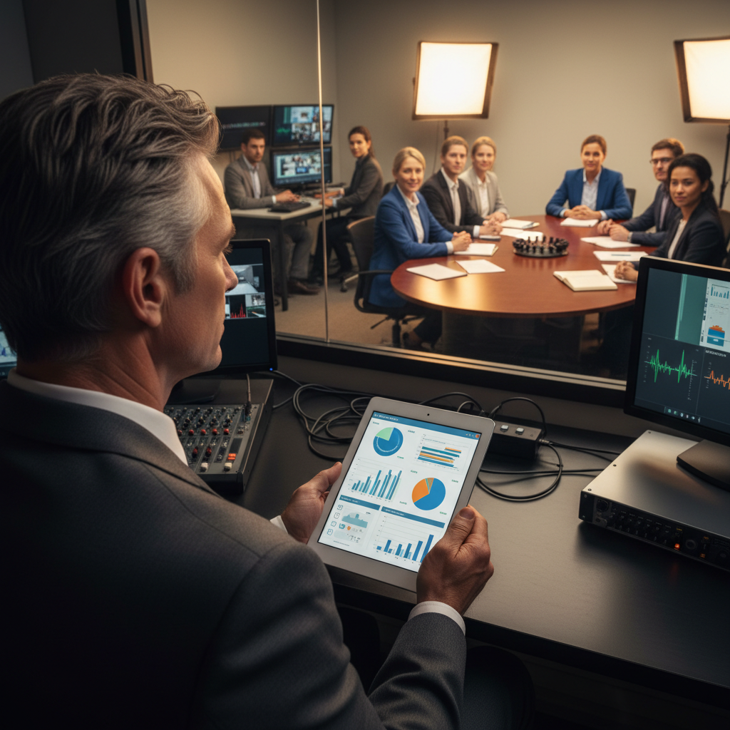 ISO 20252 certification process audit — An over-the-shoulder perspective of a lead auditor observing a professional focus group session through a one-way observ