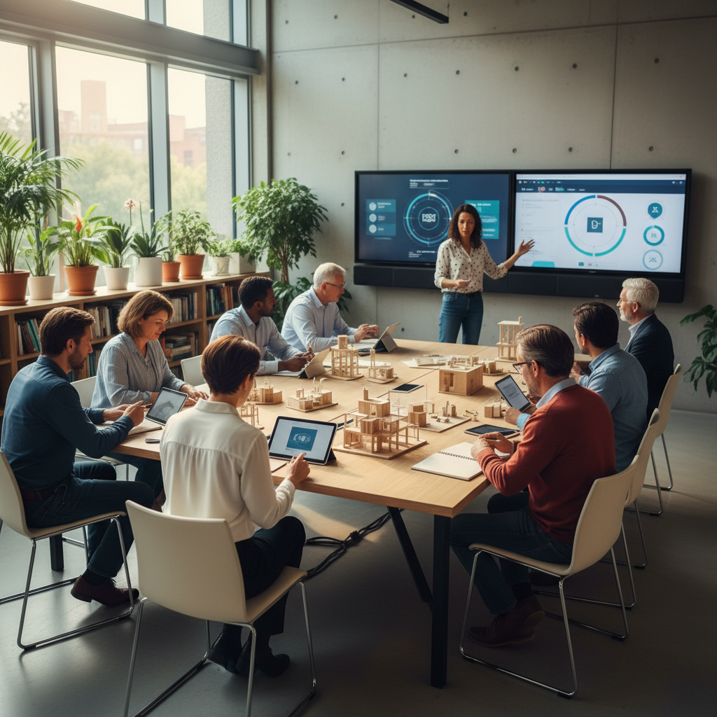 ISO 21001 certification — A wide-angle, cinematic shot of a modern, multi-generational learning hub where a diverse group of adult learners and st
