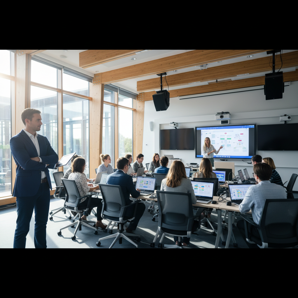 ISO 21001 certification process audit — A professional ISO auditor in a sharp navy blazer stands in a sunlit, modern higher-education lecture hall, holding a di
