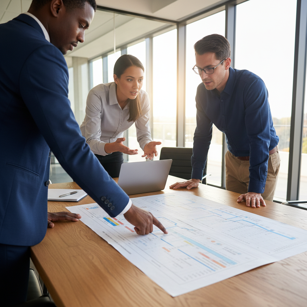 ISO 21502 certification process audit — An over-the-shoulder perspective follows a lead auditor in a professional navy blazer as they review a detailed project
