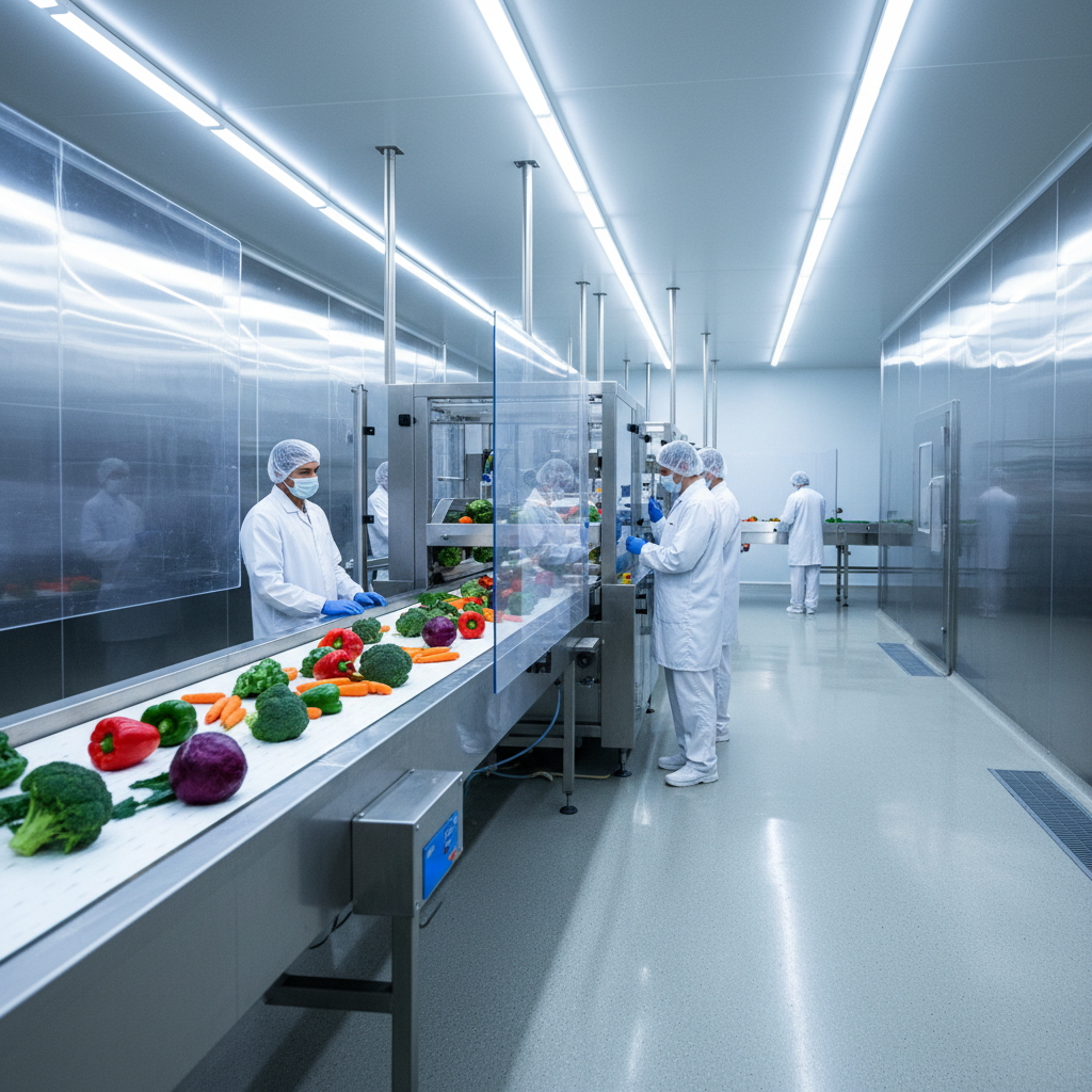 ISO 22002 certification — A wide-angle, cinematic shot of a pristine automated food processing facility where polished stainless steel machinery g