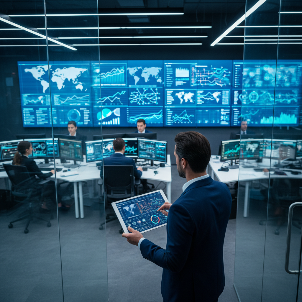 ISO 22301 certification process audit — An over-the-shoulder wide shot follows a lead auditor in a sharp navy blazer as they review a sophisticated risk-assessm