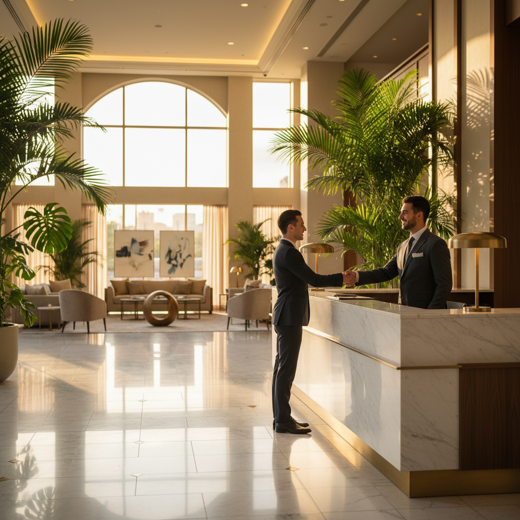 ISO 22483 certification — A wide-angle, cinematic shot of a luxury hotel lobby at golden hour, where a poised concierge in a sharp charcoal suit w