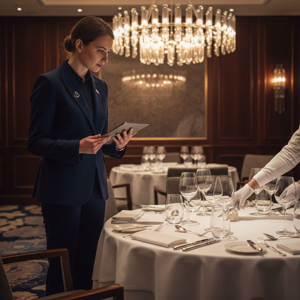 ISO 22483 certification process audit — A medium-wide, editorial shot captures a professional female auditor in a sharp navy blazer and a discreet silver lapel