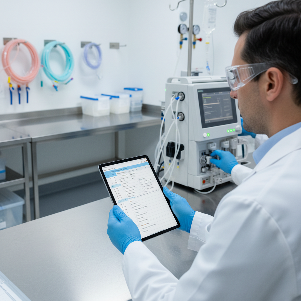 ISO 22522 certification process audit — An over-the-shoulder perspective of a lead auditor wearing a white lab coat and blue nitrile gloves, meticulously review
