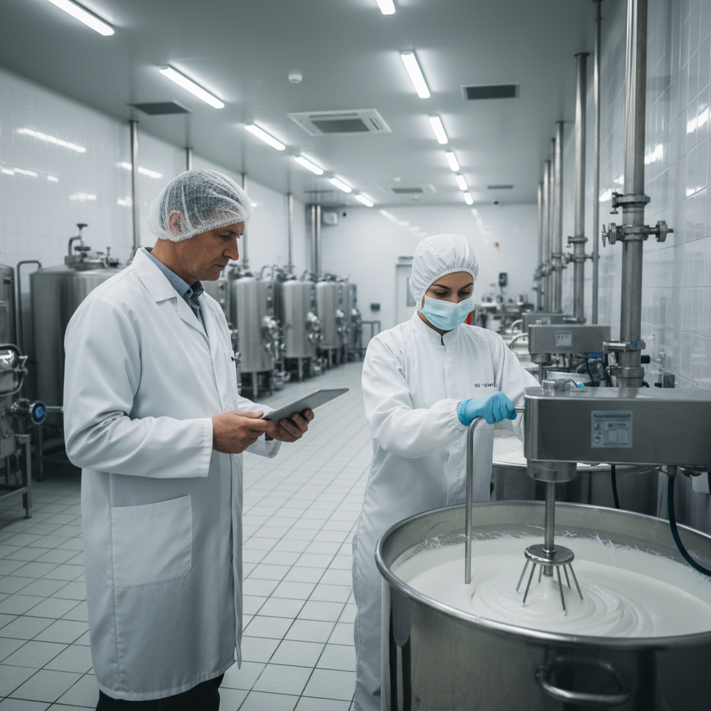 ISO 22716 certification process audit — A senior male auditor in a white lab coat and hairnet stands within a pristine skincare production facility, holding a d