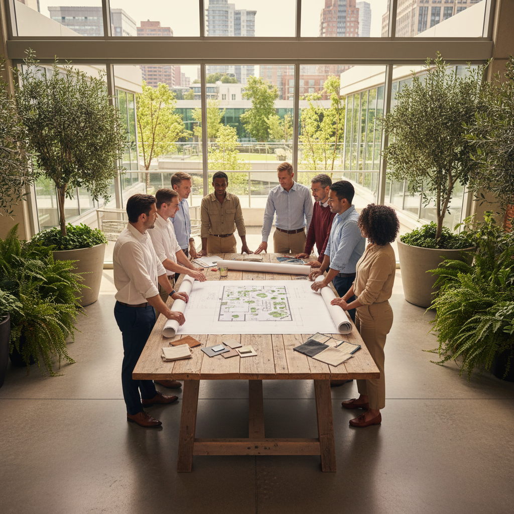 ISO 26000 certification — A wide-angle, cinematic shot of a modern, sun-drenched community center courtyard where corporate professionals in busin