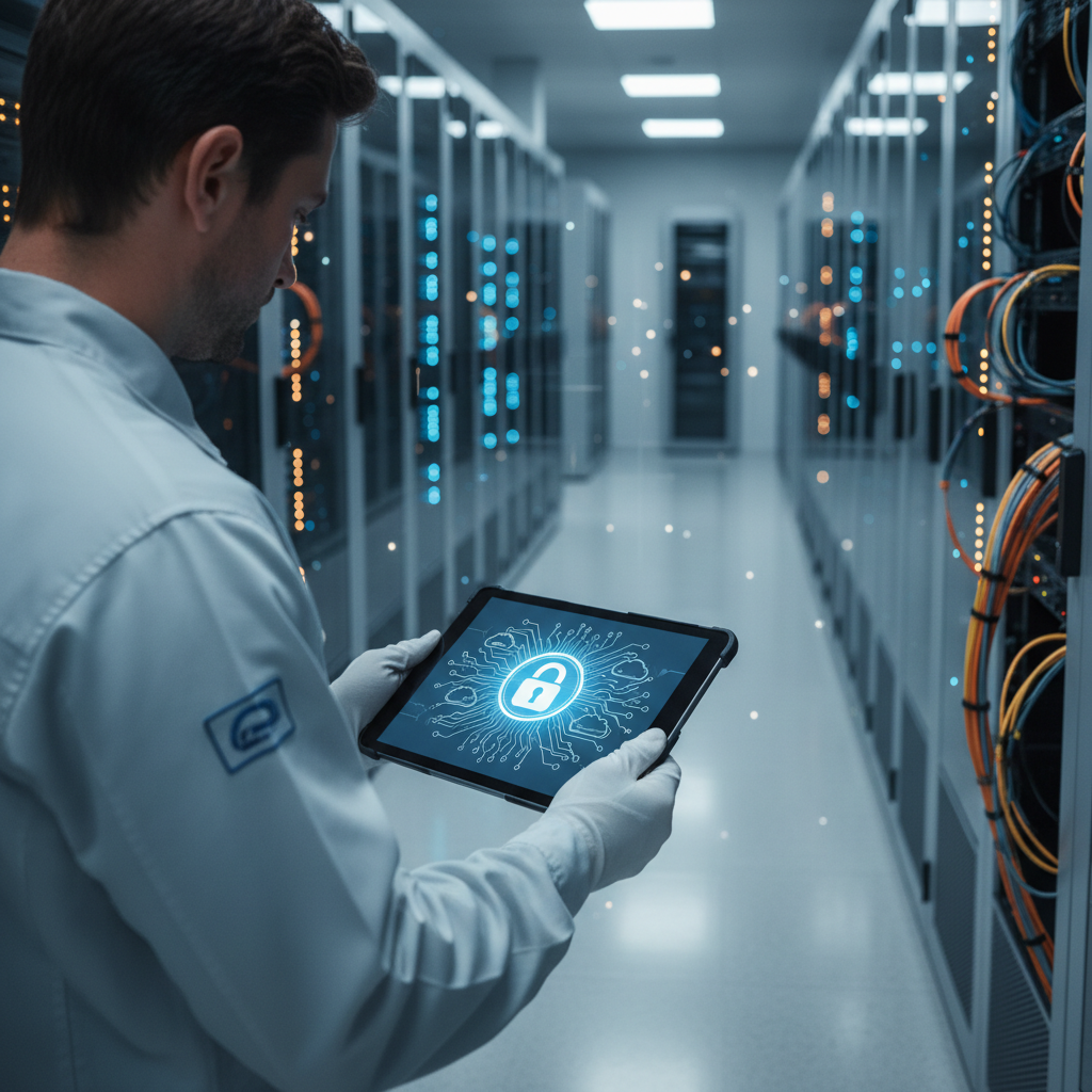 ISO 27017 certification — An over-the-shoulder perspective of a technician in a modern, climate-controlled data center, with rows of server racks