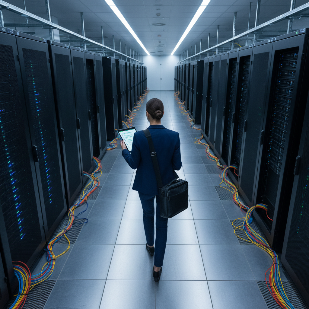 ISO 27017 certification process audit — An over-the-shoulder wide shot follows a female auditor in a sharp navy blazer as she walks through a high-security clou