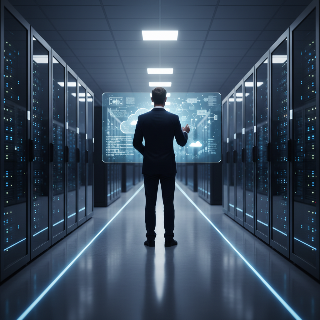 ISO 27018 certification — A wide-angle, cinematic shot of a high-tech data center featuring rows of sleek, illuminated server racks with glowing b