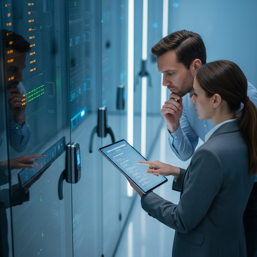 ISO 27018 certification process audit — An over-the-shoulder perspective of a female auditor and a male IT director engaged in a collaborative review within a m