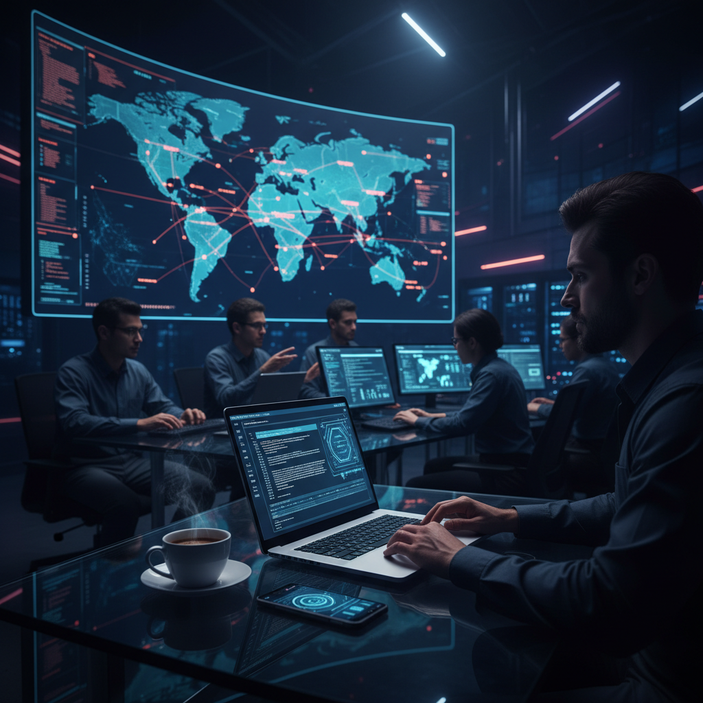 ISO 27032 certification — A wide-angle, cinematic view of a dimly lit, high-tech Security Operations Center (SOC) where a multi-disciplinary team 