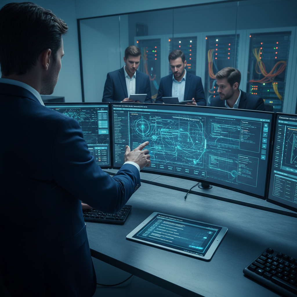 ISO 27032 certification process audit — An over-the-shoulder wide shot follows a lead auditor in a sharp navy blazer as they review a multi-monitor cybersecurit