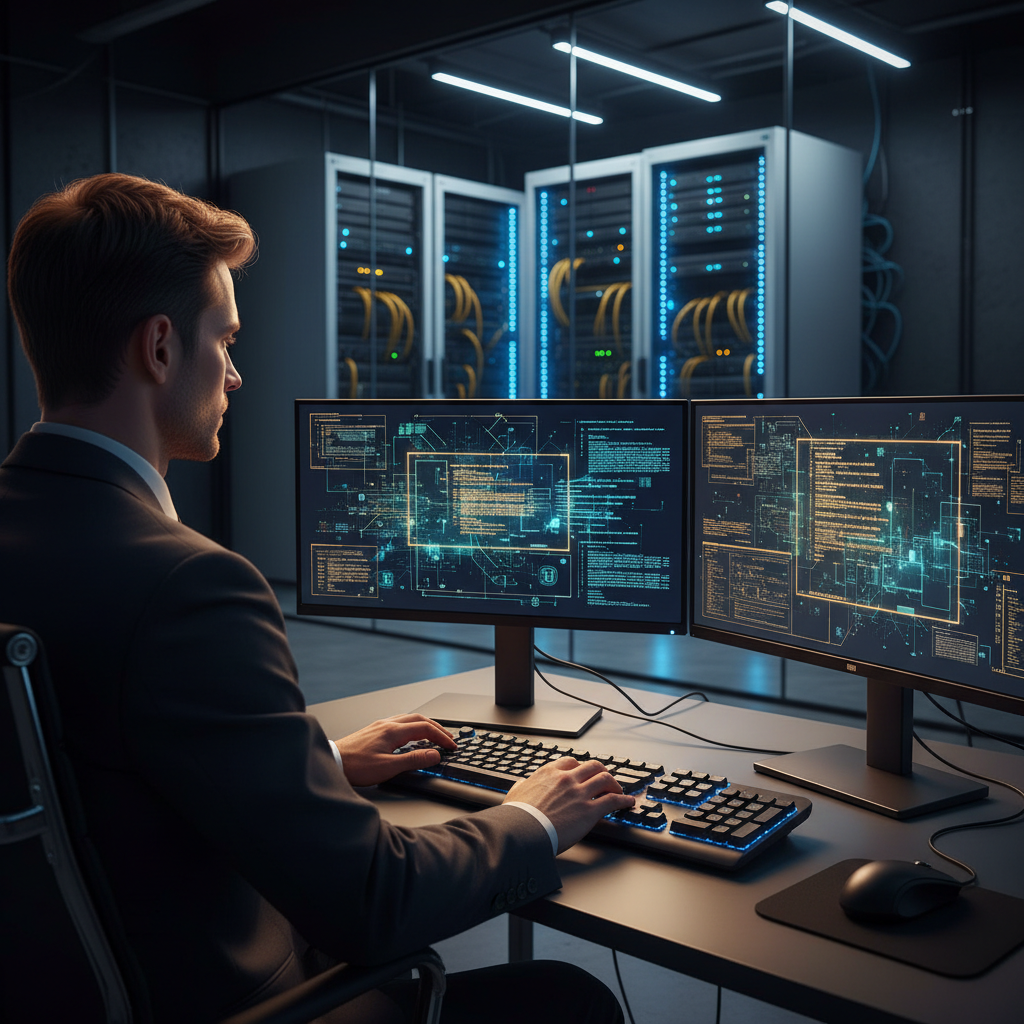 ISO 27701 certification — An over-the-shoulder wide shot of a data privacy officer working in a sleek, dimly lit professional office late in the e
