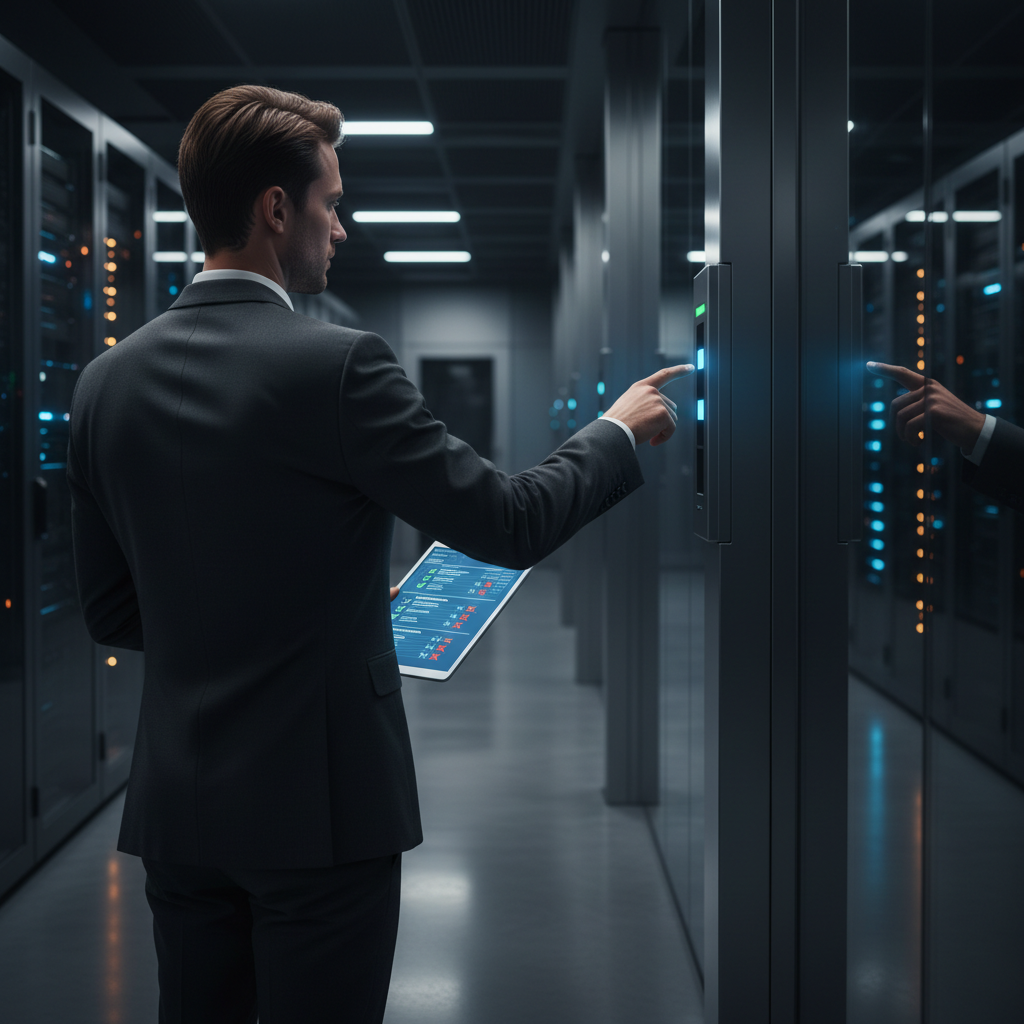 ISO 27701 certification process audit — An over-the-shoulder wide shot follows a professional privacy auditor in a crisp charcoal blazer as they walk through a