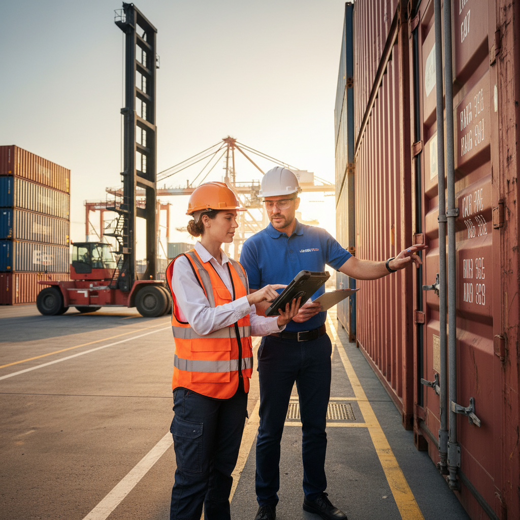 ISO 28000 certification process audit — A wide-angle, cinematic shot from a low perspective captures a professional female auditor in a high-visibility tactical